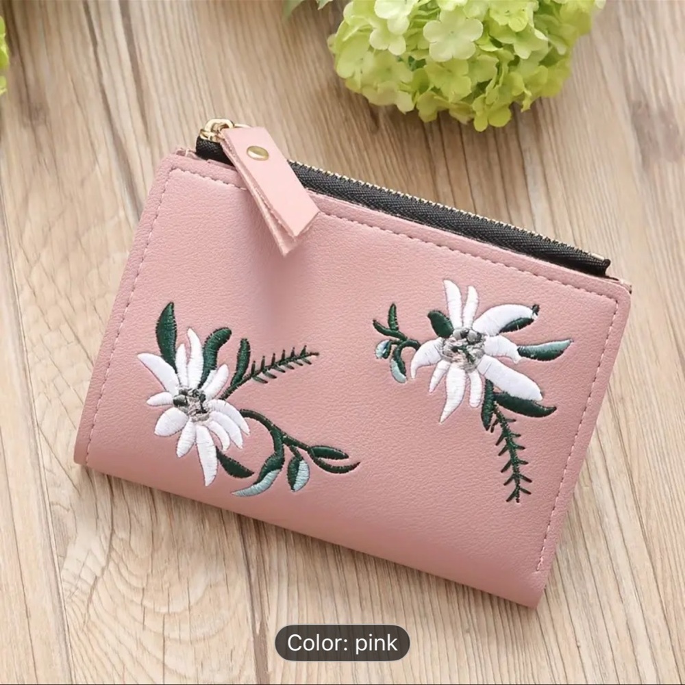 Brown Botanical Embroidered Wallet Leather Accessory